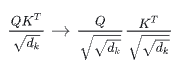 A code snippet showing the modification of scaling in an attention mechanism, changing from (q @ k) / scale to q / scale @ k to prevent numerical overflow.