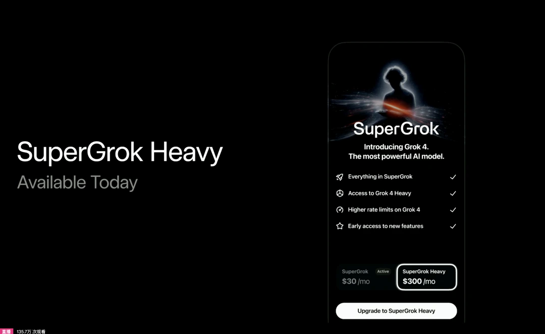 A pricing table for Grok 4, showing the SuperGrok and Super Grok Heavy tiers.