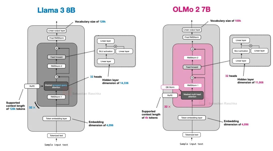 Architectural comparison between OLMo 2 and Llama 3.