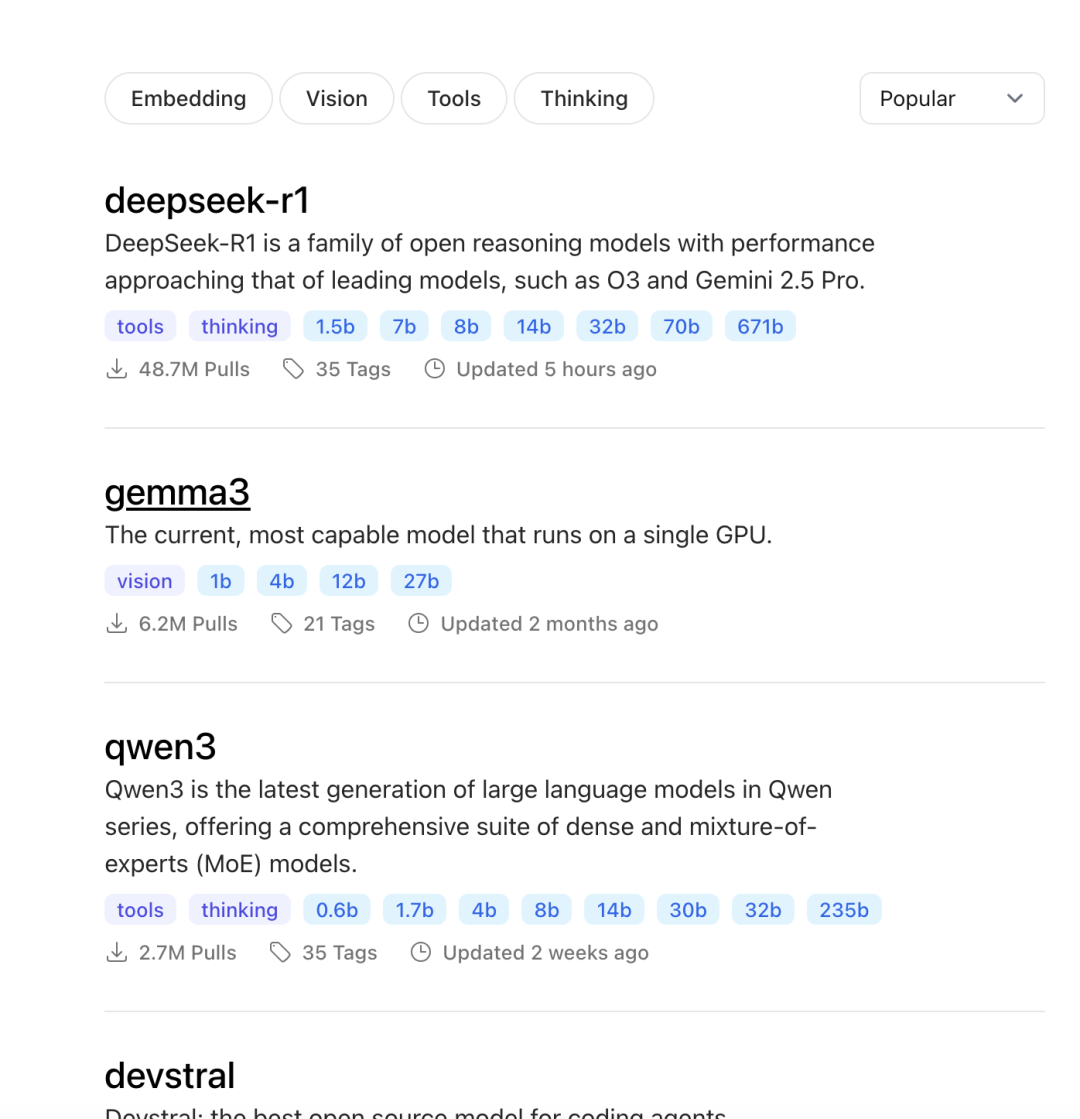 Screenshot of Ollama model library interface showing available models, including Gemma