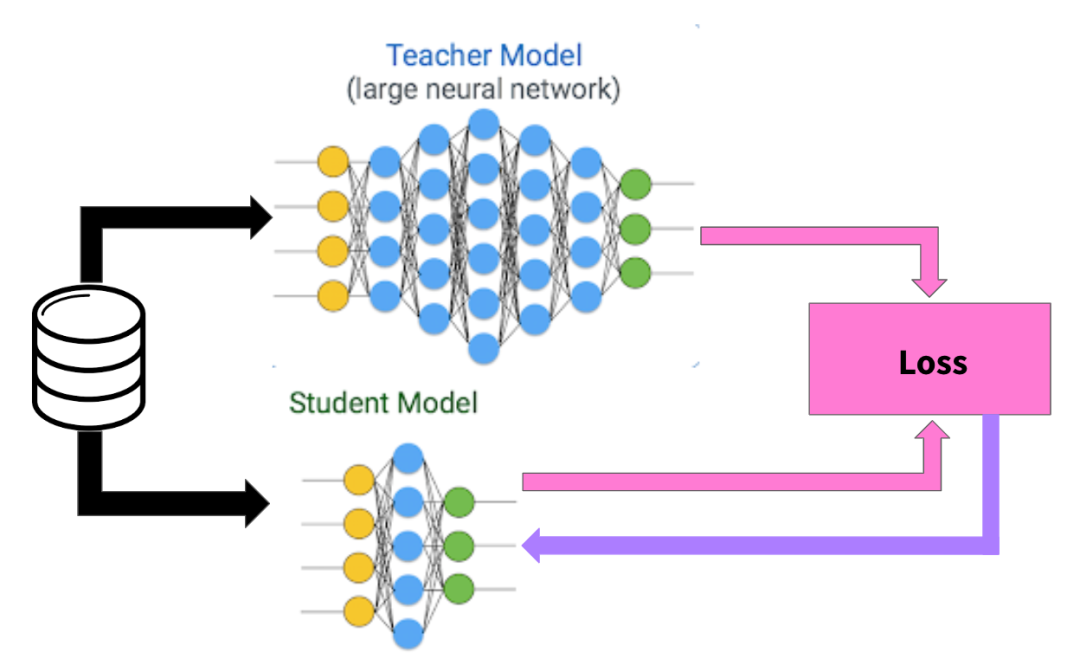 Diagram showing knowledge distillation process with a large teacher model transferring knowledge to a smaller student model