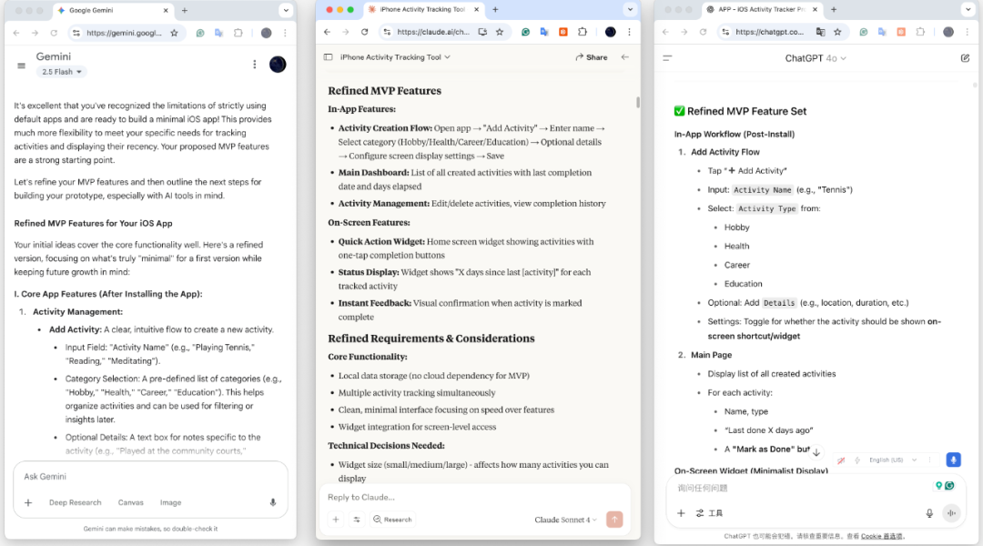Comparing the three interfaces side-by-side