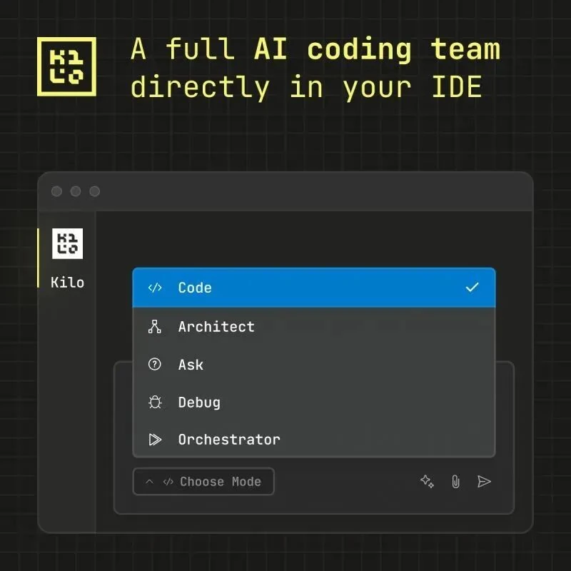 Kilo Code Orchestrator mode with specialized AI agents for coding tasks