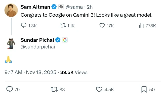 Public exchange between Sam Altman and Sundar Pichai about Gemini release